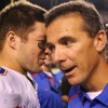 Florida's Tim Tebow, left, and head coach Urban Meyer talk following their win over South Carolina in Columbia, S.C. on Saturday, Nov. 14, 2009. (Travis Bell/Sideline Carolina)