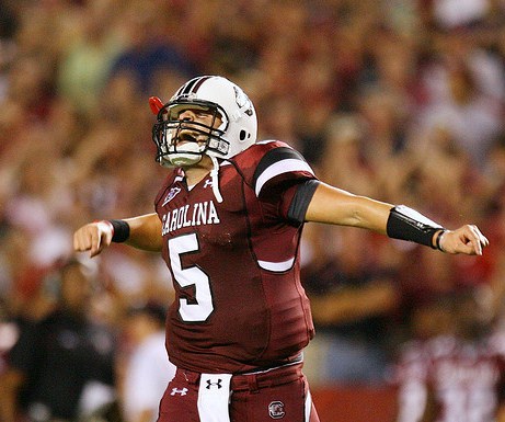 South Carolina quarterback Stephen Garcia turns and celebrates towards the student section after watching Partrick DiMarco score during third-quarter action against Ole Miss in Columbia, S.C. on Thursday, Sept. 24, 2009. (Travis Bell/Sideline Carolina)