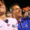 Florida head coach Urban Meyer, right, celebrates with Riley Cooper after beating South Carolina in Columbia, S.C. on Saturday, Nov. 14, 2009. (Travis Bell/Sideline Carolina)