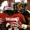 South Carolina's Antonio Allen hugs D.J. Swearinger after Swearinger made a big defensive play during fourth-quarter action in Columbia, S.C. on Saturday, Sept. 24, 2011. (Photo by Travis Bell/Sideline Carolina)